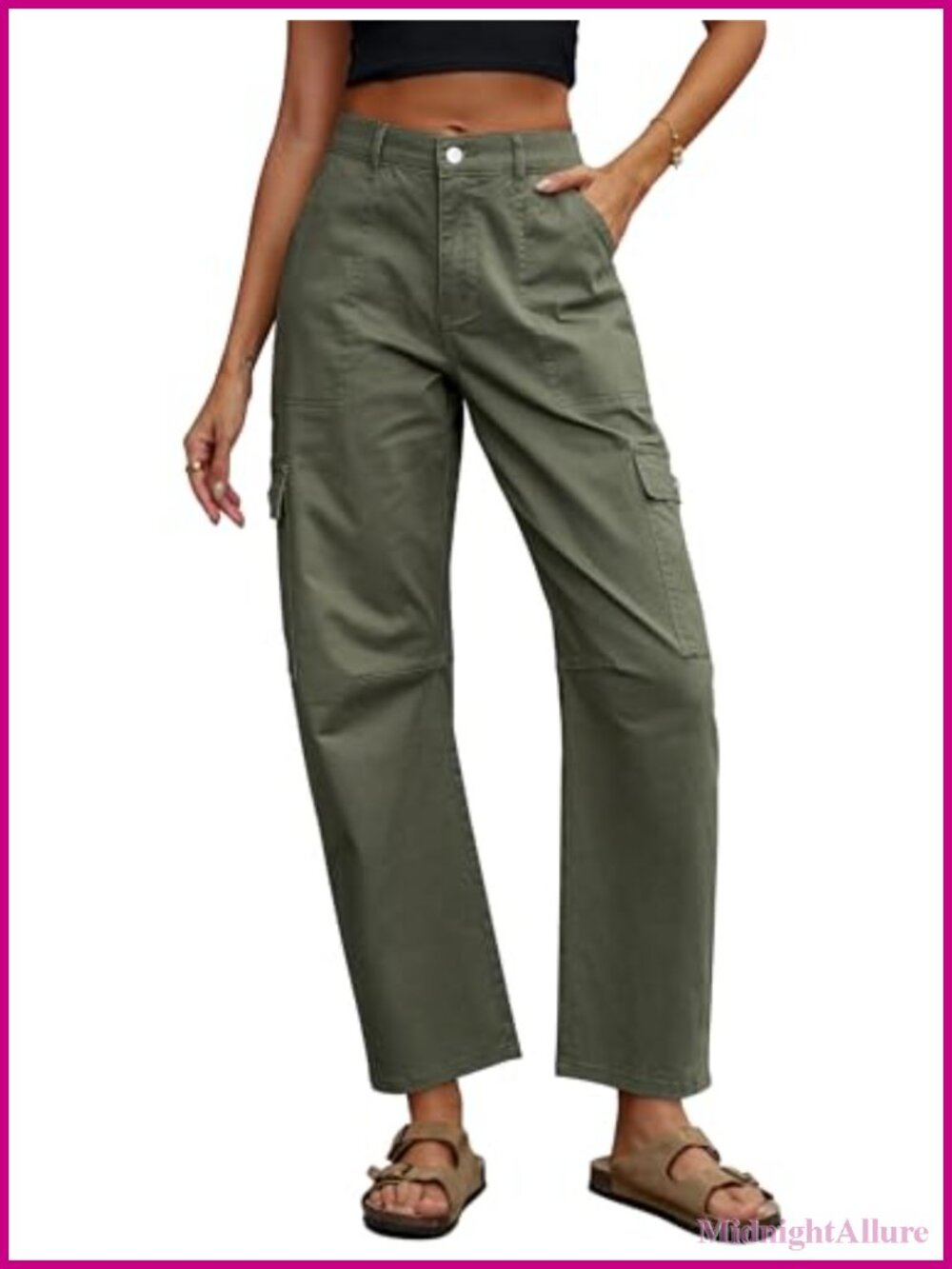High Waisted Barrel Jeans Cargo Wide Leg Ankle Pants Stretchy Cotton 6 Pockets
